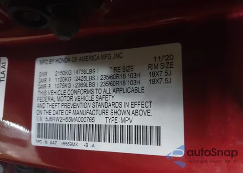 2021 Honda Cr-V Awd Ex z USA, uszkodzony, nr VIN 5J6RW2H55MA000765